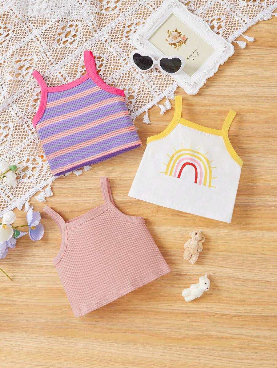 SHEIN Baby Girls' Rainbow Pattern Striped Tank Top Set, 3pcs - Multicolor - View 1