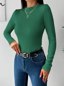SHEIN Cottnline Solid Color Long Sleeve T-Shirt ,Petite Women - Green - View 4