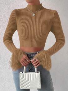 Zolique 短款毛绒毛衣，立领带袖口，针织套头衫，秋冬毛衣 - 摩卡棕 - 查看 6