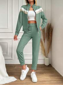 Cottnline 女款拼色外套配褲子兩件套 - 薄荷綠 - 查看 1
