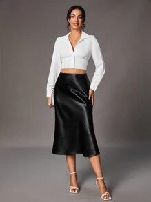 SHEIN Tall Cao eo Thanh lịch Xa ten Váy - màu đen - Xem 3