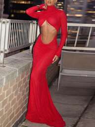 Vestido elegante de manga larga con abertura frontal y trasera, vestido elegante rojo para fiestas, ropa de Año Nuevo