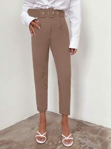 SHEIN Cottnline Solid Color Belted Dress Pants - Camel - View 1