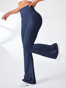 Easithlete Wide Waistband Flare Leg Sports Pants - Blue - View 3