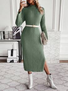 SHEIN Clasi 女士純色立領鬆緊針織毛衣外套 - 綠色 - 查看 3