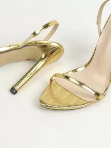 女士豹纹系带踝带细高跟凉鞋，性感时尚优雅正式派对奢华高跟鞋 - 金色 - 查看 5