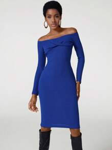 blue chic Vestido elegante de punto estriado con parte delantera retorcida y hombros descubiertos, para vacaciones - azul real - Ver 6