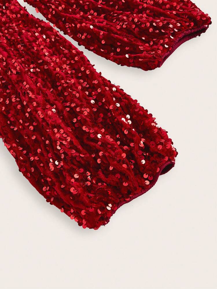 Contrast Sequin Lantern Sleeve Frill Neck Velvet Blouse