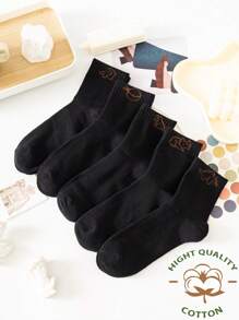 5雙孩子們的中性黑色卡通圖案中筒襪適用於全部季節 - 黑色 - 查看 1