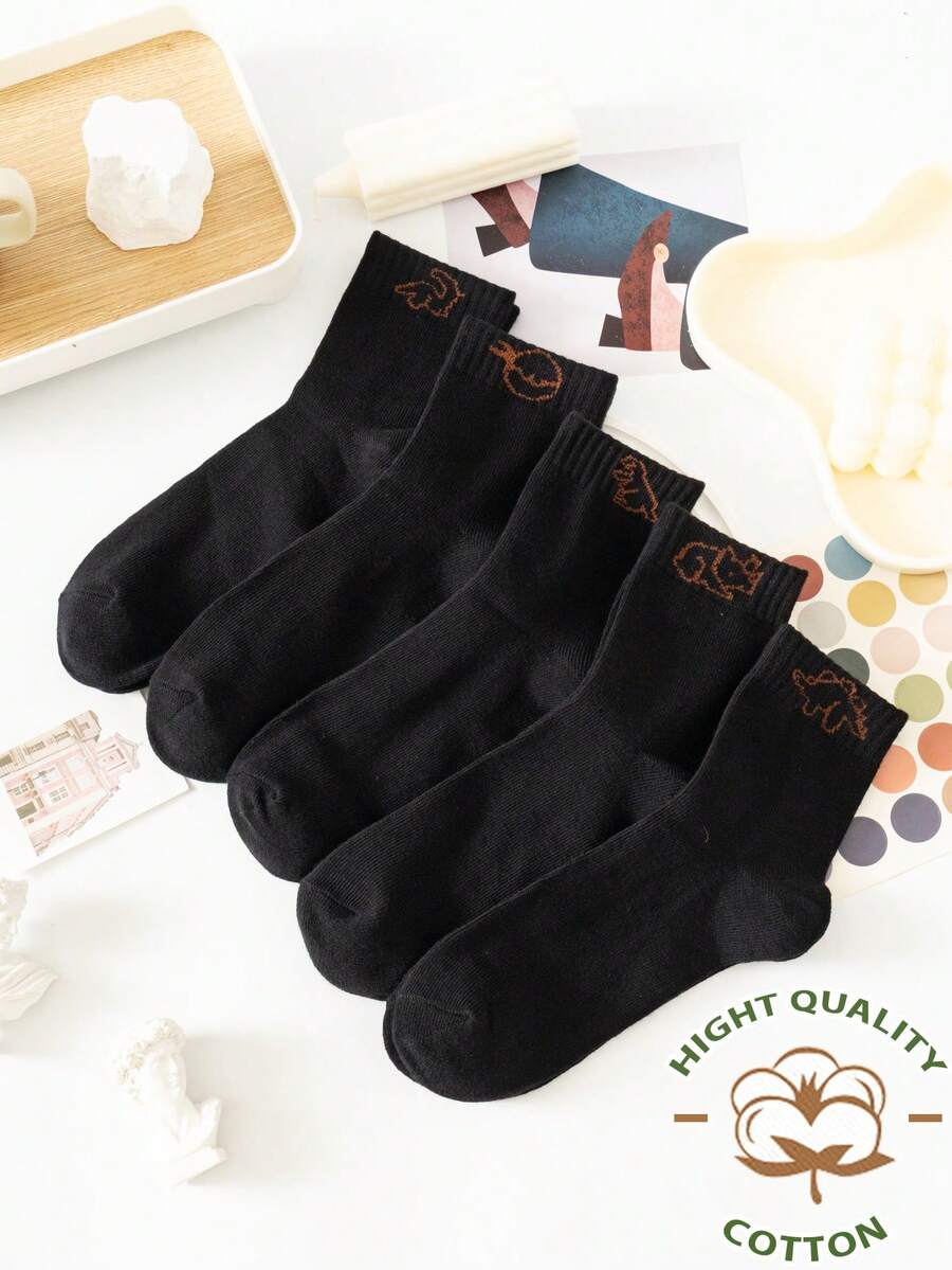 5雙孩子們的中性黑色卡通圖案中筒襪適用於全部季節 - 黑色 - 查看 1