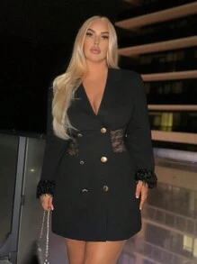 Shein Sxy大尺碼蕾絲拼接雙排扣套裙性感時尚俱樂部情人節裝扮 - 黑色 - 查看 4