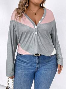 SHEIN LUNE Plus Size Women's Color Block T-shirt With Button Decoration - Multicolor - View 3