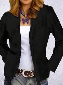SHEIN LUNE Plus Size Women's Patchwork Fringe Long Sleeve Coat Fall Cloth For Women - Black - View 1