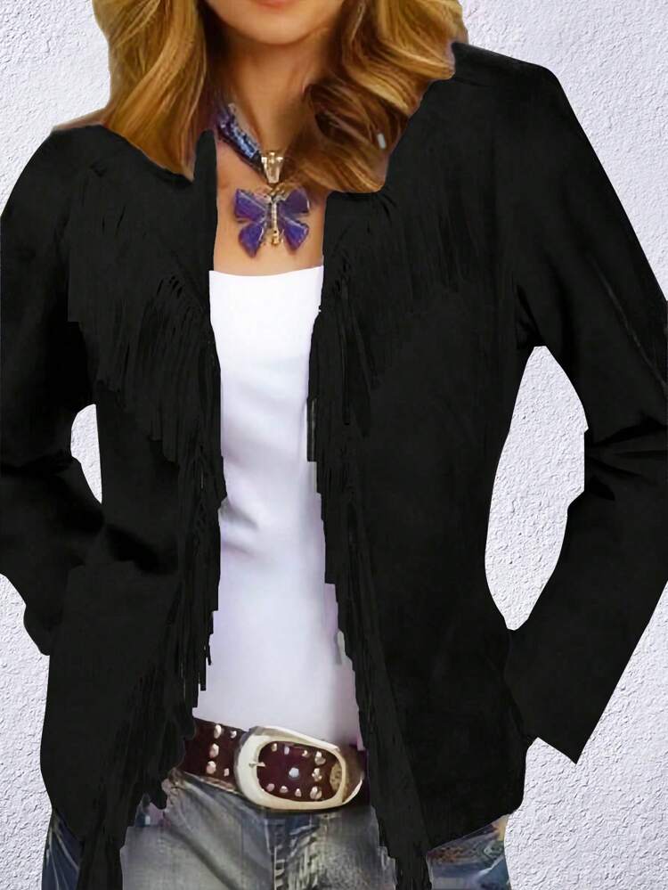 Plus Size Women's Patchwork Fringe Long Sleeve Coat Fall Cloth For Women