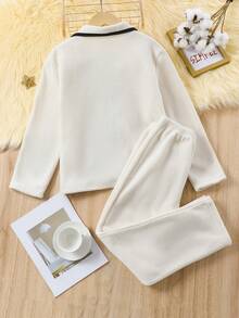 男童長袖翻領上衣和褲子家居服套裝 - 白色 - 查看 2
