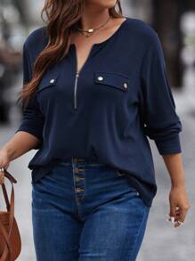 SHEIN LUNE Plus Half Zip Flap Detail Tee Fall Cloth For Women - Navy Blue - View 5