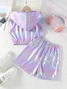 Sparklyn 少女2入組高亮塗層布料無袖短背心和短褲套裝,夏季 - 彩色 - 查看 2