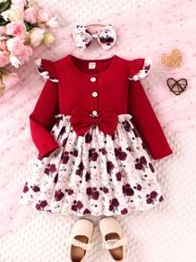 SHEIN 小女孩春秋日常休閒假期可愛的花印圓領長袖連衣裙和髮帶 - 酒紅色 - 查看 1