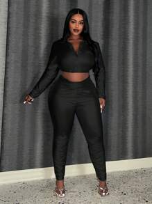 Slaydiva Plus Size Pu Leather Cropped Top And Skinny Pants Set - Black - View 2
