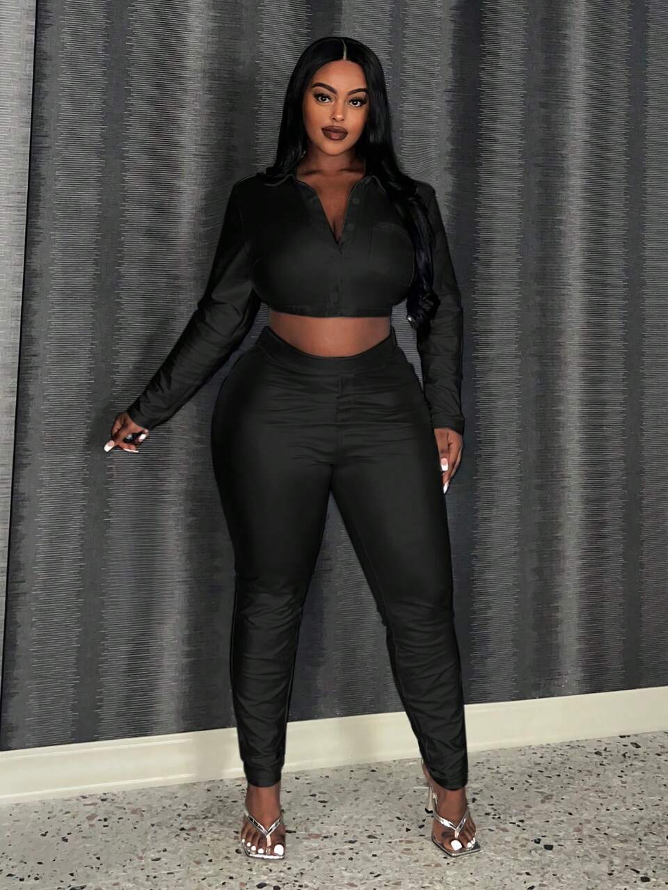 Plus Size Pu Leather Cropped Top And Skinny Pants Set
