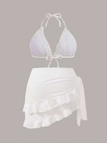 Swim Mod Summer Beach Women's Plus Size White Halter Neck, Spaghetti Strap, Lace Trim Bikini Set 3 Pieces Set