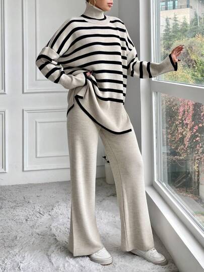 EURMUSE Women's Striped High Neck Batwing Sleeve Sweater And Solid Color Pants Two Piece Set