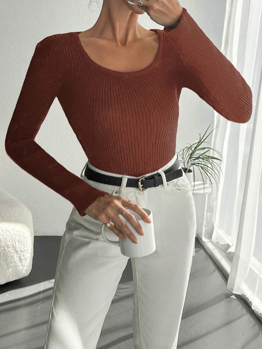 EURMUSE Màu thuần Vòng cổ Tay áo dài Áo len - màu nâu - Xem 1