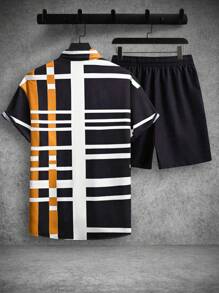 Manfinity Homme Men'S Stripe Short Sleeve Shirt And Shorts Set, Men Stripe Button Up Shirt Shorts Set, Men Two Piece Casual Short Sets, Men 2 Piece Set Summer, Black And Orange Shirt Men - Multicolor - View 2