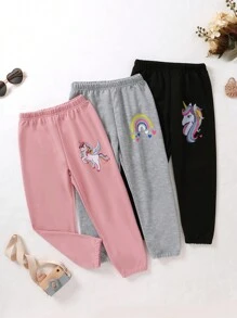 Genkimix Kids 少女3入組休閒運動獨角獸印花束腳褲，彈性腰帶和袖口，適用於春秋 - 彩色 - 查看 5