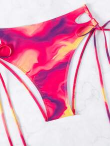 SHEIN Swim SXY 大理石印花三角褲連領帶束側比基尼套裝，附蓋衣頂 - 彩色 - 查看 4