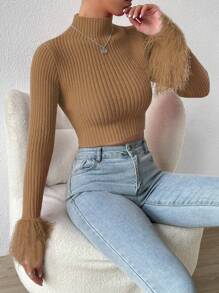 Zolique 短款毛绒毛衣，立领带袖口，针织套头衫，秋冬毛衣 - 摩卡棕 - 查看 3