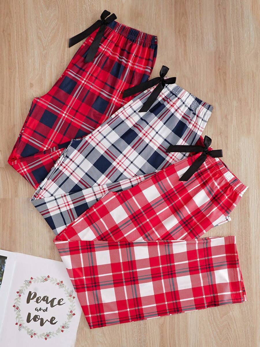 3pcs Plaid Bow Front Sleep Pants - Multicolor - View 1