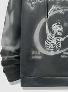 ROMWE MEN Grunge Punk 男士休閒骷髏字母印花連帽衫 - 深灰色 - 查看 4
