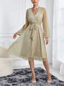 SHEIN Privé Tay áo lồng đèn Cổ chữ V Đầm - Rượu sâm banh - Xem 4