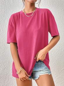INAWLY Solid Color Round Neck Loose Fit Drop Shoulder Short Sleeve T-Shirt - Pink - View 6