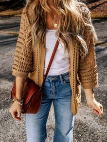 Astylish 3/4 tay áo Hollow-out Móc sự thêu Mở Mặt trước Áo len Mở - Lạc đà - Xem 5