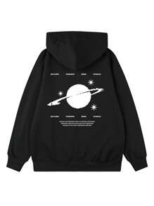 女款冬季行星與標語圖案長袖抽繩連帽衫，附口袋，休閒寬鬆百搭度假風上衣，時尚冬季款 - 黑色 - 查看 3