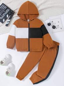 SHEIN 小女孩對比色連帽拉鍊運動服套裝與長褲