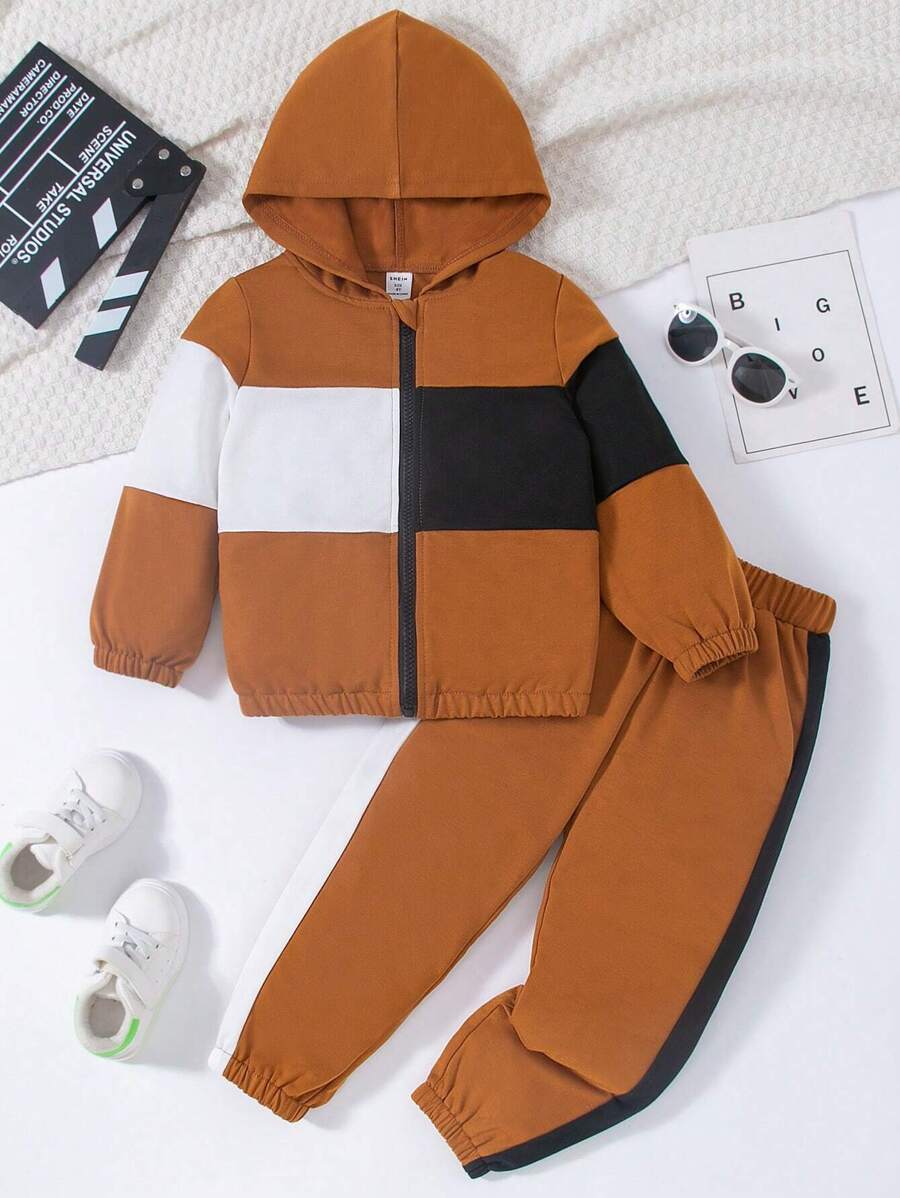 SHEIN 小女孩對比色連帽拉鍊運動服套裝與長褲