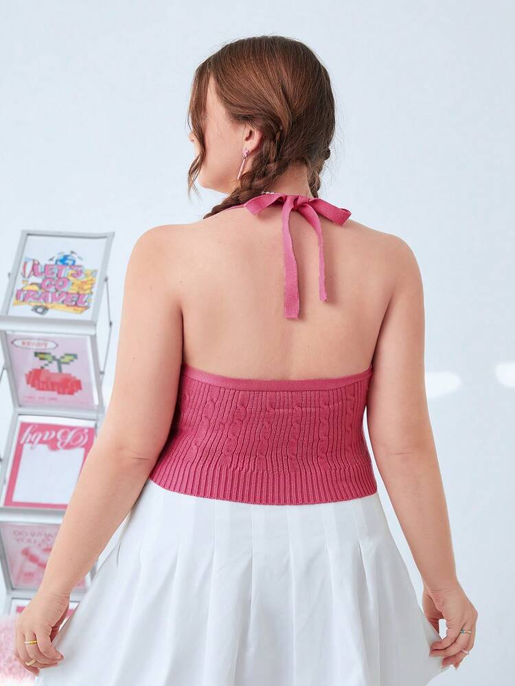 Women's Plus Size Knitted Top With Heart Embroidery And Halter Neck Design