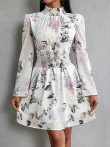 SHEIN Privé 花卉印花長袖立領連衣裙 - 彩色 - 查看 3