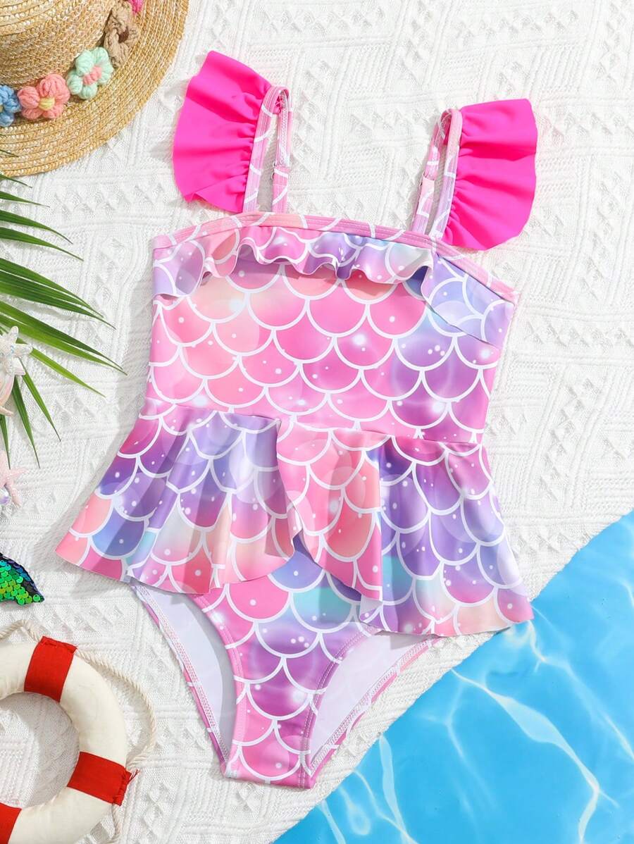 小女孩美人魚鱗紋印花單品泳衣 - 粉色 - 查看 1