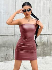 SHEIN ICON Strapless Faux Leather Dress - Red - View 3