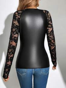 SHEIN Tall Women'S Lace Patchwork Sexy Top - Black - View 2