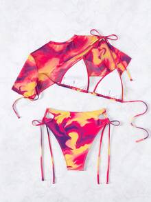 SHEIN Swim SXY 大理石印花三角褲連領帶束側比基尼套裝，附蓋衣頂 - 彩色 - 查看 7