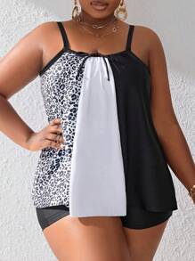Swim Lushoire 大尺寸豹紋色塊比基尼套裝,細肩帶和背心式上衣 - 黑與白 - 查看 3