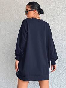 RueChic Solid Color Loose Fit Drop Shoulder Sweatshirt - Navy Blue - View 2