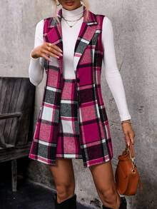SHEIN Clasi Two Piece Set: Turn Down Collar Plaid Vest Coat And Skirt - Hot Pink - View 4