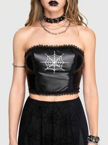 ROMWE Gothic Spider Web Lace Patchwork Women Tube Top - Black - View 6