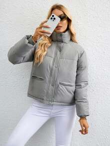 拉链按扣衬垫大衣 - 灰色 - 查看 7